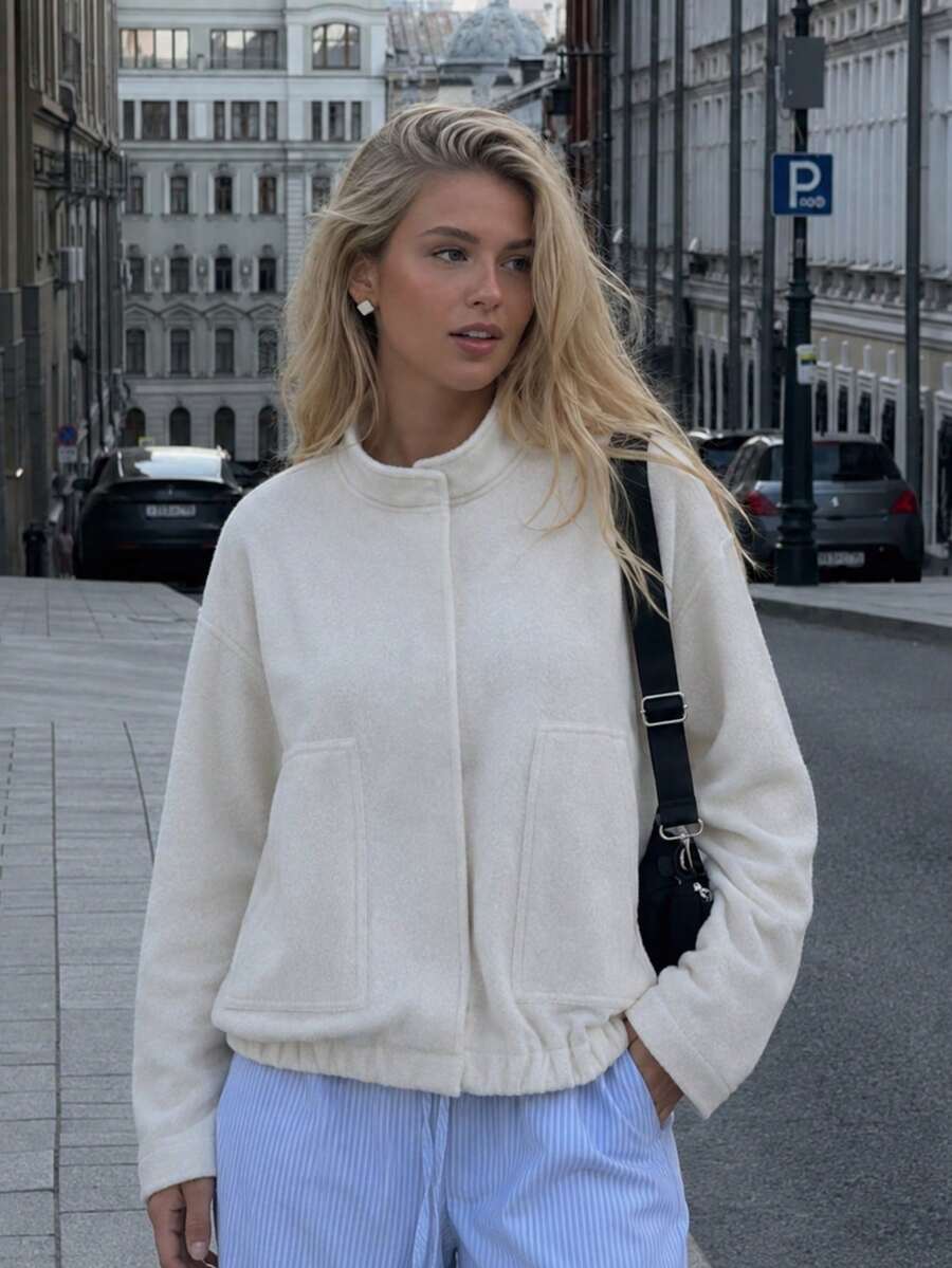Women Stand Collar Fleece Cropped Jacket, Hidden Button Front Pockets Loose Fit Warm Outerwear For Halloween Christmas Party Fall Winter Daily - White - View 1