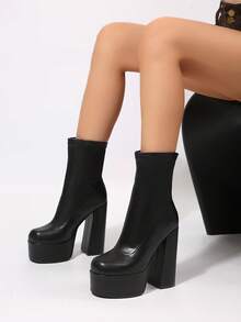 FVPFVP Women's Square Toe Mid-Calf Riding Boots, Chunky Heel Slimming Mid-Calf Boots, Autumn/Winter Daily Street Style Versatile Slip-On Boots - Black - View 2