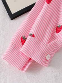 Baby Girl Spring/Autumn Strawberry Theme 2pcs Outfit Set, Pink & White Striped Long Sleeve Collared Single-Breasted Strawberry Print Shirt + Washed Gradient Frayed Hem Straight Leg Denim Jeans, Casual Outing Set - Pink - View 8