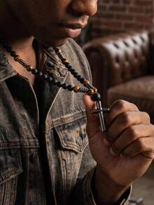1pc Autumn/Winter Artificial Tiger Eye Stone Vintage Casual Men's Long Cross Necklace Sweater Chain - Multicolor - View 2