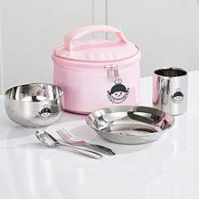 Cuenco de acero inoxidable para niños, taza de agua y cuenco para comida de bebé de doble capa con aislamiento térmico y anti-quemaduras con diseño de dibujos animados lindos, incluye bolsa de almacenamiento para utensilios - Multicolor - Ver 13