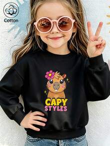 Girls' Cotton Top, Printed, Comfortable, Relaxed-Fit Dropped-Shoulder Sweatshirt, Round-Neck Oversized Sweatshirt - Black - View 4