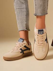 PWIIMG Khaki Color Block Sneakers, Low-Top Lace-Up Skate Shoes, Retro Striped Versatile Casual Sports Shoes For Office And Vacation - Khaki - View 5