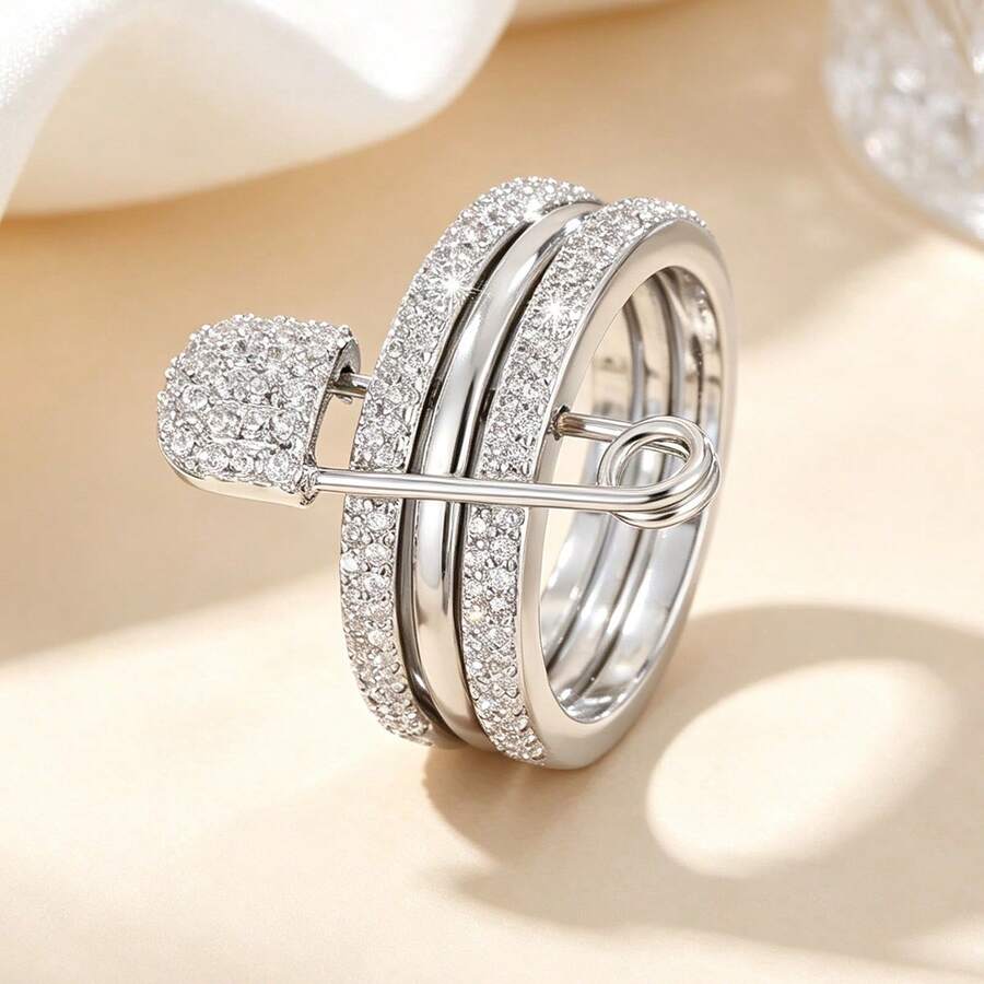 1pc Creative Triple Circle Design Cubic Zirconia Embellished Women's Ring - Multicolor - View 1