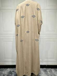 Middle Eastern Fashion Embroidered Cardigan Long Robe Arabian Dress White Linen Outerwear Women's Clothing Fall - Khaki - View 6