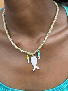 Fashion Striped Fish Pendant Necklace, Colorful Metal Chain With Beaded Chain, Layerable Jewelry Gift - Necklace - View 2