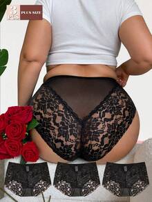 3PCS Plus Size Lace Sexy Panties Women's Underwear - Black - View 4