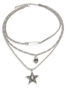 1pc Men's Multi-Layer Necklace, Silver Metal, Pin Skull Star Pendant Triple Layer Stacked Design, Hip-Hop Personalized Necklace Suitable For Daily Streetwear - Silver - View 5