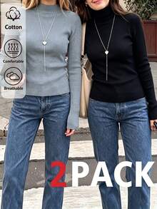 Women's 2pcs Ribbed Knit Base Layer Tops, Grey Mock Neck And Black Turtleneck Slim Fit Long Sleeve Wool Blend Knitted Sweaters, Spring/Autumn Skin-Friendly Basic Solid Color Casual Layering Tops - Black + Grey - View 3