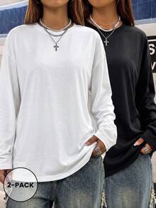 2pcs Women's Crew Neck Long Sleeve Regular Fit Loose T-Shirt, Fashionable Versatile Casual Spring/Autumn New Style Tops - Black and White - View 4