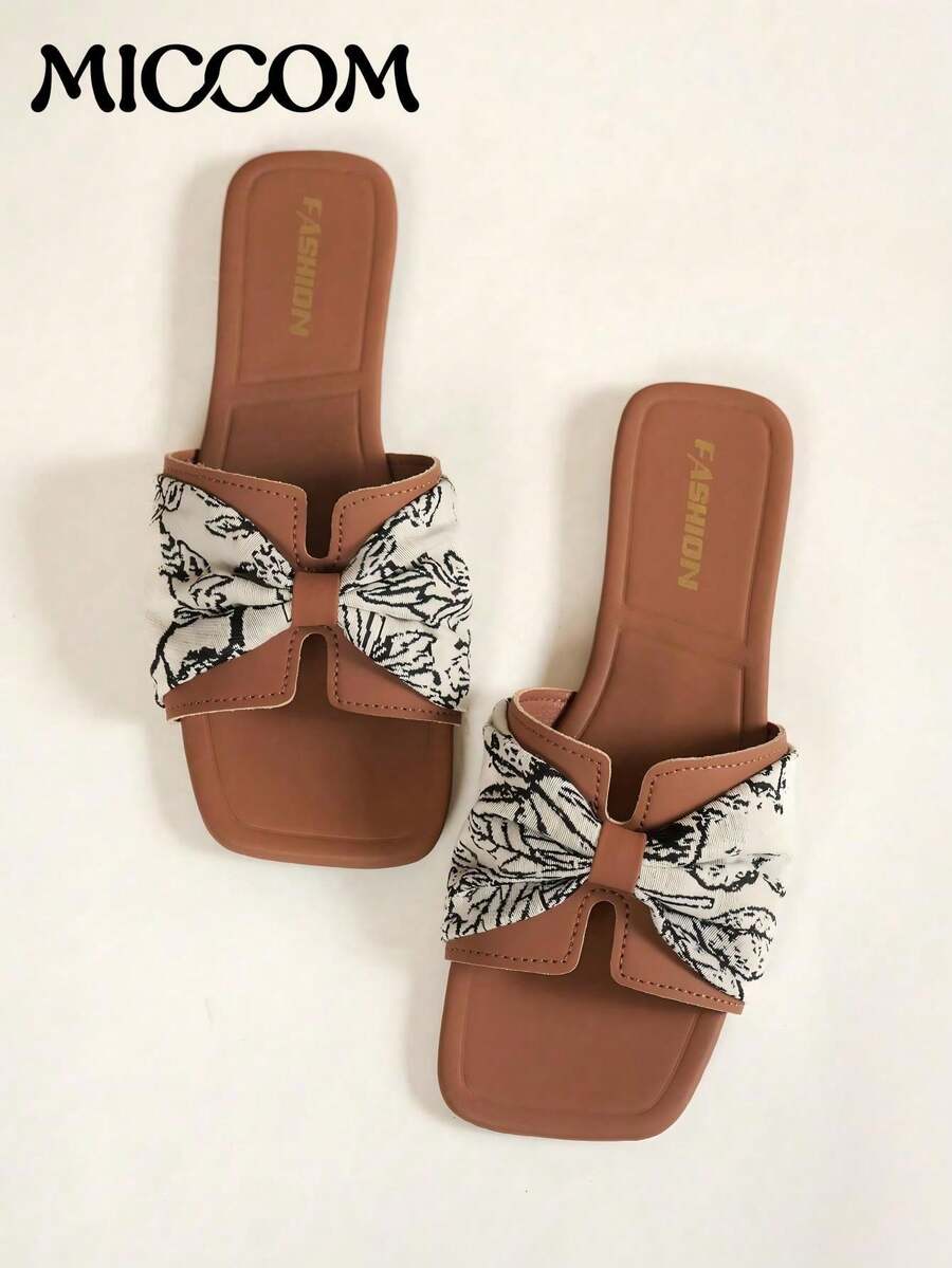 MICCOM Fashion Women's Flat Square Toe Open Toe Sandals, Spring/Summer New Versatile Beach Slides, Non-Slip Outdoor Wear - Brown - View 1