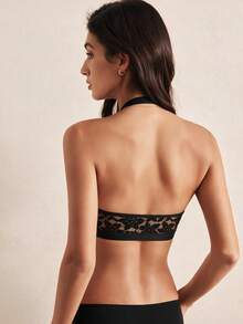 1pc Sexy Semi-Sheer Mesh & Contrast Lace Wire-Free Padded Front Closure Halter Neck Bra For Women - Black - View 2