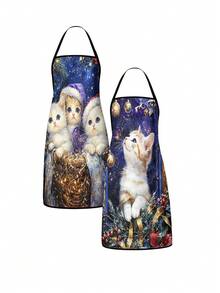 2/4pcs Christmas Apron, Featuring Cute Christmas Cat Pattern. Suitable For Kitchen Cooking, Festivals And Parties. A Great New Year Gift To Give To Friends. - Multicolor - View 12