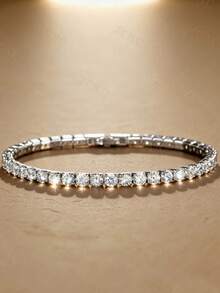 1pc Minimalist Fashion Copper Zirconia Round Tennis Bracelet, Suitable For Men And Women Daily Wear - Silver - View 6