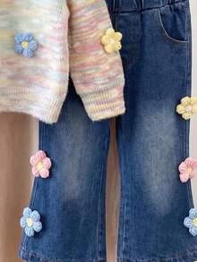 Baby Girl Fashion Multi-Color 3D Floral Sweatshirt And 3D Floral Fashion Denim Flare Pants - Multicolor - View 5