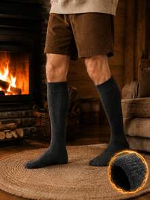 1Pair Simple Men Solid Color Knee High Sports Socks, Ribbed Cuff Thick Warm Heat Retaining Calf Knit Socks, Stretch Fit Wear Resistant Ins Outdoor - Multicolor - View 3