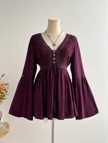 Rusttydustty Women's Bohemian Style Lace Patchwork Bell Sleeve Waist Tie Top In Plum, Suitable For Autumn, Halloween - Purple - View 8