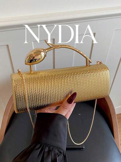 1PC Glossy Gold Woven Texture Long Barrel Clutch Bag, Artistic Floral Metal Handle Frame, Comes With Thin Metal Chain Strap, Dual-Use Handheld And Crossbody, High-End Elegant Party Ball Date Travel Niche Elegant Evening Bag Metallic Gold Barrel Handbag Detachable Chain Strap Luxury Formal Party Carry All Bag