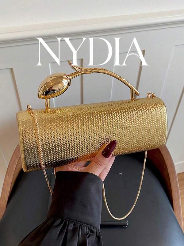 1PC Glossy Gold Woven Texture Long Barrel Clutch Bag, Artistic Floral Metal Handle Frame, Comes With Thin Metal Chain Strap, Dual-Use Handheld And Crossbody, High-End Elegant Party Ball Date Travel Niche Elegant Evening Bag Metallic Gold Barrel Handbag Detachable Chain Strap Luxury Formal Party Carry All Bag