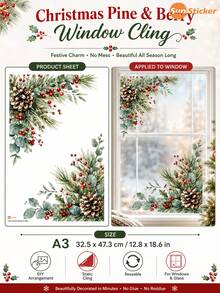 SupSticker 1PC Christmas Window Clings, Reusable No-Glue Static PVC Decals, Pine Branch Red Berry Pinecone Decor For Home Office Shop Glass Doors - IPC - View 9