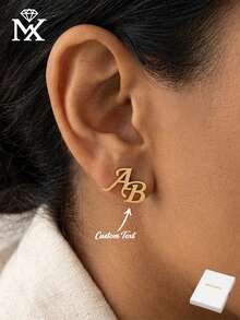 1 Pair Customized English Initial Earrings, Made Of Stainless Steel. This Minimalist Design Is Unique And Subtle, Making It The Perfect Gift For Her On Christmas, Valentine's Day, Birthday Or Anniversary. - Yellow Gold - View 5