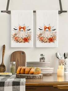 2pcs/4pcs Cute Halloween Ghost Kitchen Towel Set, Orange Bow Ghost & Autumn Floral Print, White Microfiber Absorbent Hand Towels, Bathroom Decor Holiday Gift - Multicolor - View 7