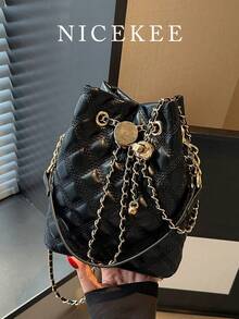 Nicekee Diamond Patterned Drawstring Bucket Handbag With Thin Chain And Metal Accessories, Suitable For Daily Outings, Dates, Gatherings And Commuting - Black - View 13