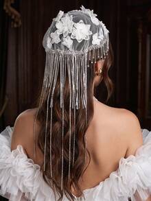 European Vintage Mesh Bridal Headpiece, Long Draping Rhinestone Chain Tassel, Handmade Flower & Pearl Bridal Accessory - Multicolor - View 6