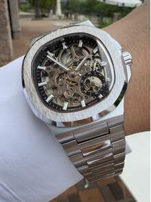 FORSINING 1pc Fashion Square Skeleton Automatic Mechanical Watch For Men Luminous Hands Stainless Steel Strap Luxury Brand Business Men Watches - one-size - View 2