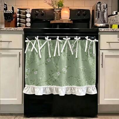1 Pieza Cortina Decorativa Cubre Polvo para Estufa de Cocina, Impresión 2D, Fondo Verde con Delicadas Flores Blancas, Cortina Protectora Multifuncional para Horno, Adecuada para Cubiertas de Horno y Estufa, Cubierta Decorativa para Electrodomésticos y Decoración Diaria de Cocina
