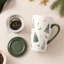 1 buah Cangkir Teh Keramik Motif Pohon Natal 490ml/16.5oz dengan Saringan Teh dan Tutup. Aman untuk Microwave dan Mesin Pencuci Piring. Cangkir Minum Keramik. Cocok untuk Teh Daun Lepas, Kopi, dan Minuman Panas. Ideal untuk Penggunaan Sehari-hari. Hadiah Natal yang Sempurna - MultiWarna - View 4