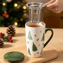 1 buah Cangkir Teh Keramik Motif Pohon Natal 490ml/16.5oz dengan Saringan Teh dan Tutup. Aman untuk Microwave dan Mesin Pencuci Piring. Cangkir Minum Keramik. Cocok untuk Teh Daun Lepas, Kopi, dan Minuman Panas. Ideal untuk Penggunaan Sehari-hari. Hadiah Natal yang Sempurna - MultiWarna - View 1