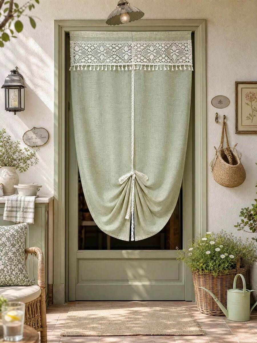 1pc Boho Style Linen Door Curtain With Lace Valance - Exquisite Floral Crocheted Lace Valance, Farmhouse Style Linen Room Divider Curtain For Bathroom Laundry Kitchen Bedroom Entrance - Green - View 1