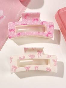 4pcs Non-Slip Strong Grip ABS Hair Clips, Pink Cartoon Bow UV Printed Square Hair Claw Set, Women's Valentine's Day Party Daily Hair Accessories - 2-piece Set - Bow Print - View 5