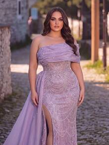 Haute Glamour Plus Size Beaded Mermaid Evening Gown, Asymmetrical Neckline, Sparkling Formal Dress, Suitable For Wedding Guest/Prom/Black Tie Events - Pink - View 4