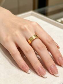 1pc Minimalist Punk Style Polished Open Ring, Adjustable Wide Band Gold Ring, Unisex Stackable Daily Wear Jewelry - Bar - View 1