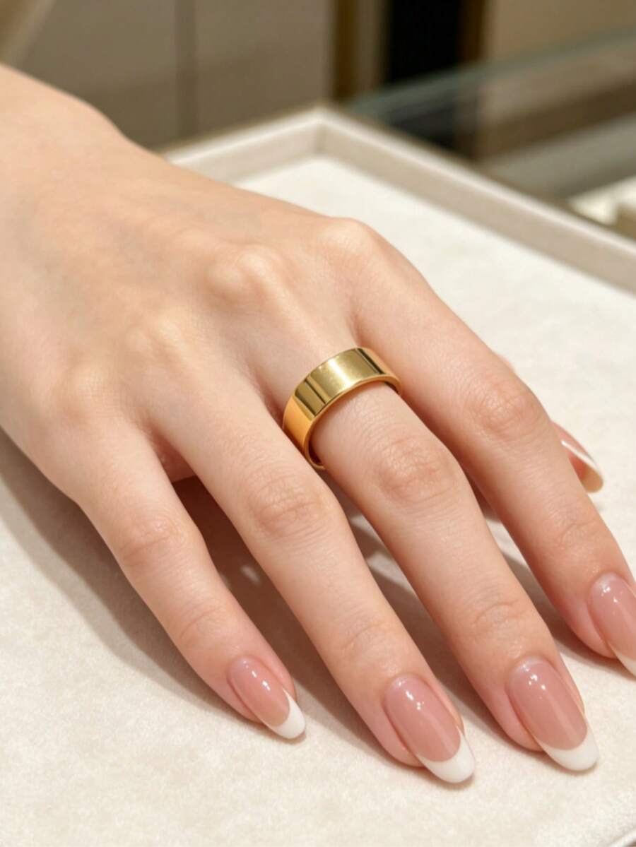 1pc Minimalist Punk Style Polished Open Ring, Adjustable Wide Band Gold Ring, Unisex Stackable Daily Wear Jewelry - Bar - View 1