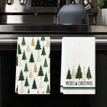 2PCS Green Gold Christmas Kitchen Towels, Assorted Xmas Tree Merry Christmas Print Dish Towels, Festive Winter Holiday Home Decor Hand Tea Towels For Kitchen - Green - View 6
