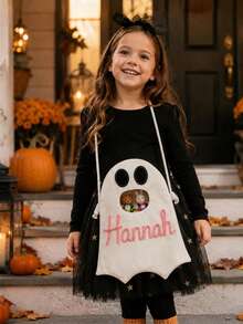 Halloween 3D Embroidered Ghost Candy Bag, Personalized Custom Name Kids Halloween Trick Or Treat Bucket, Cute & Funny Party Gift, Reusable Handheld Costume Bag - Multicolor - View 3