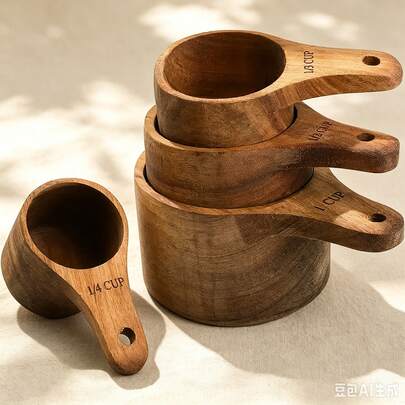 4 Pieces Wooden Measuring Cup And Spoon Set - Handmade For Baking, Cooking, Coffee, Tea And Dry Ingredients - Includes Spoons With Hanging Holes