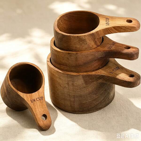 4 Pieces Wooden Measuring Cup And Spoon Set - Handmade For Baking, Cooking, Coffee, Tea And Dry Ingredients - Includes Spoons With Hanging Holes