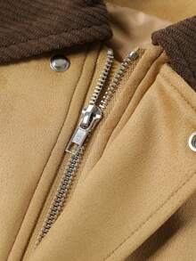 Vintage Versatile Colorblock Lapel High-End Short Suede Jacket, Slimming Casual Travel Daily Elegant Autumn/Winter - Khaki - View 2