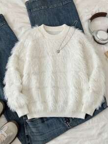 Girls Elegant Solid Color Faux Mink Fur Round Neck Sweater Long Sleeve Knit Pullover Suitable For Daily Casual Spring Autumn Winter - White - View 4