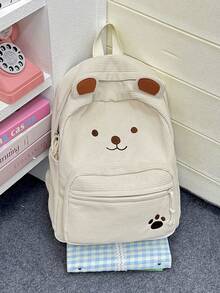 PC Cartoon Bear Pattern Corduroy Backpack, Sweet Casual Style, Top Handle Side Pockets, Lightweight And Durable, Suitable For School, Daily Shopping And Short Trips - Multicolor - View 11