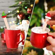 36pcs Christmas Style Snowman/Penguin/Snowflake/Santa Claus Pattern Wooden Spoons, Disposable Tasting Spoons, Christmas Fun Cartoon Shaped Sample Spoons, Smooth Edges Without Burrs, Suitable For Winter Holiday Hot Chocolate, Cake, Coffee, Ice Cream, Etc. - Multicolor - View 6