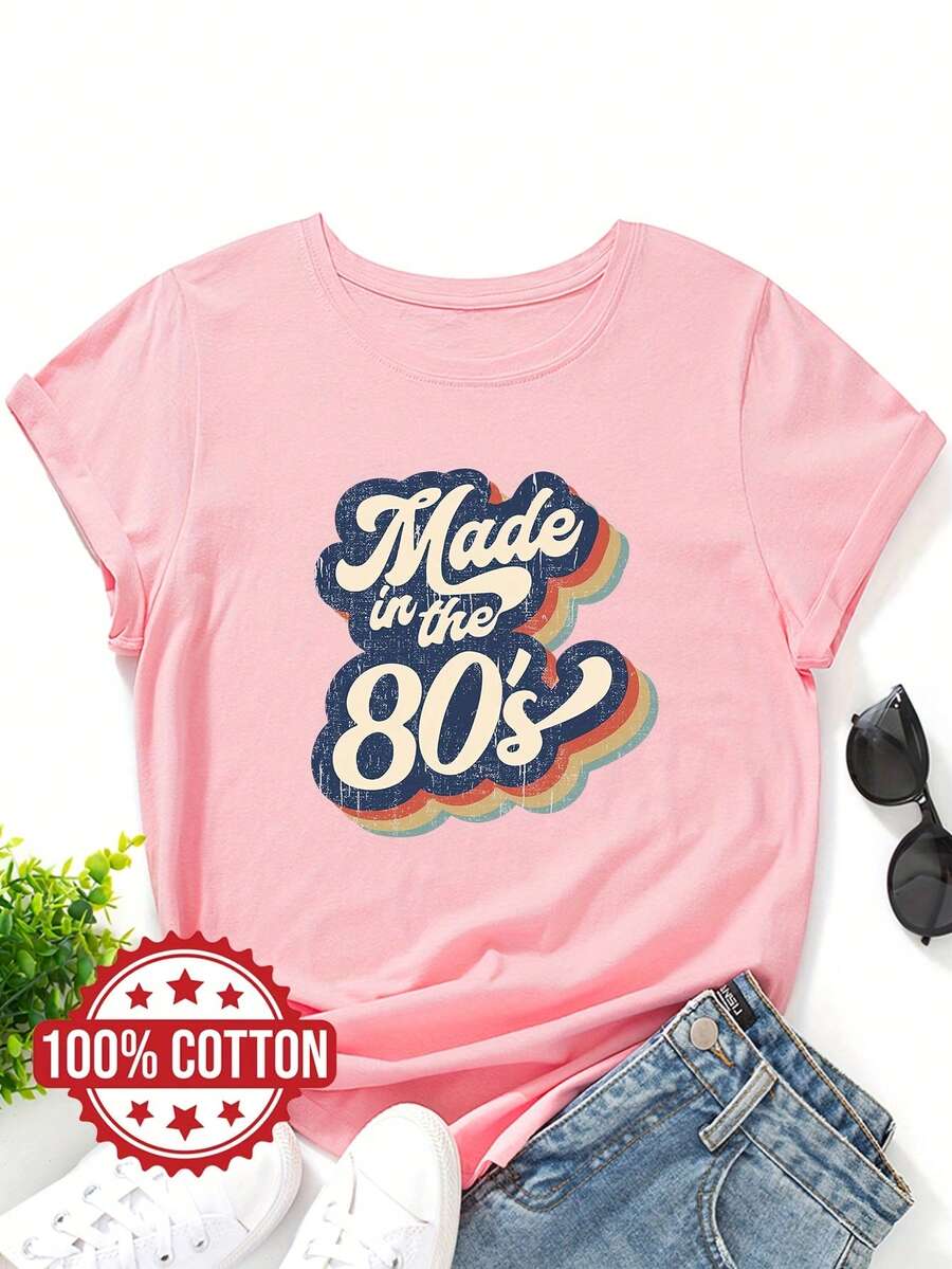 Women's T-Shirt With Graphic Print "Made In The 80s", Casual Top With Round Neck And Short Sleeves, All-Season Fabric, 100% Cotton. - Pink - View 1