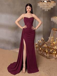 ALISA&LEO Exquisite Spaghetti Strap Lace Maxi Dress For Teens, With Boning Waist Detail And Side Slit, Suitable For Evening, Party, Dinner And Celebration - Burgundy - View 4