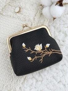 時尚花卉刺繡外觀,多功能且緊湊設計,附夾式開關,便攜式零錢包與卡包 - 黑色 - 查看 3