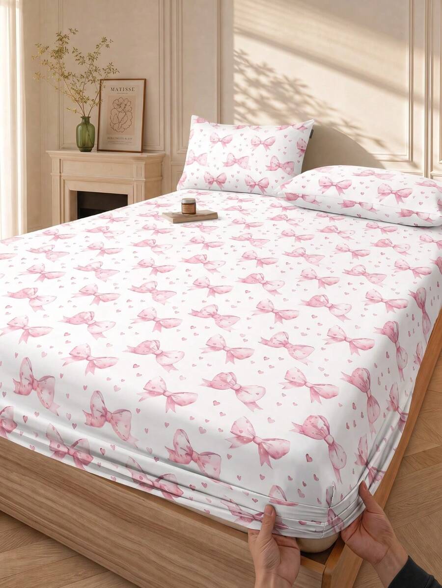 1 buah Sprei Fitted Motif Pita Putih & Merah Muda, Pelindung Kasur, Penutup Kasur, Sprei Fitted, Lembut & Bernapas, Cocok untuk Semua Ukuran Kasur - Twin, Full, Queen, King, Kantong Dalam Hingga 11,8 Inci, Dapat Dicuci dengan Mesin. Perlengkapan Kembali ke Sekolah, Perlengkapan Asrama - Baby Pink - View 1