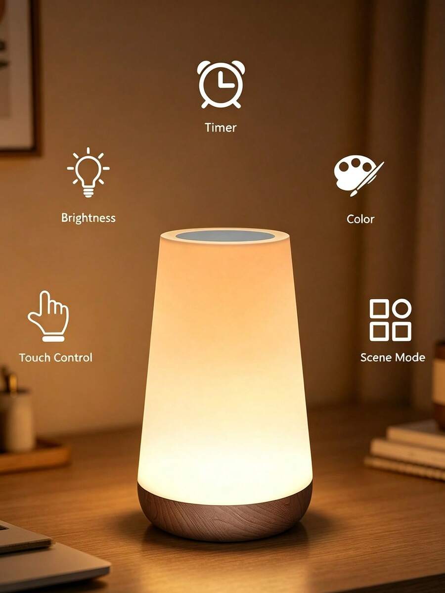 Wood Grain LED Desk Lamp, 13-Color Touch Control Night Light, USB Rechargeable Eye-Protection Atmosphere Light, Touch Control, Suitable For Bedside, Study, Bathroom, Outdoor, Halloween Home Decor